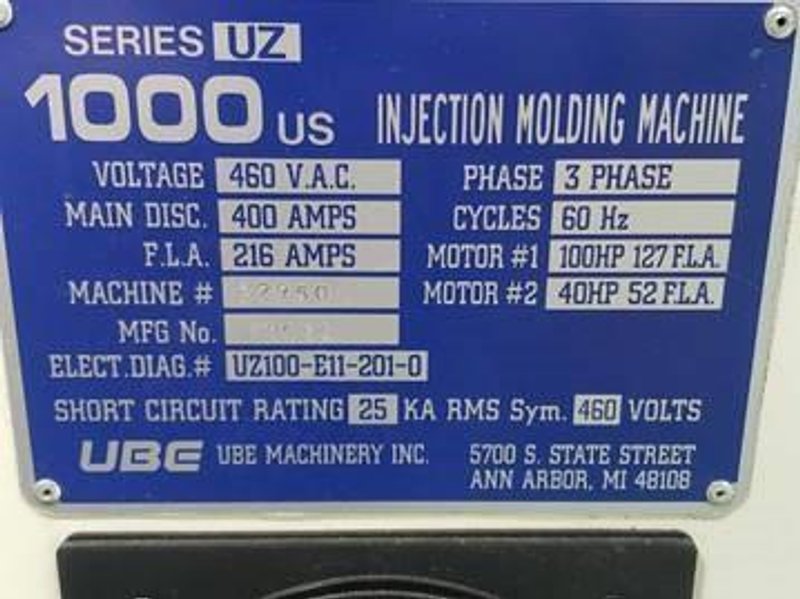 UBE Used UZ1000 Injection Molding Machine, 1000 US ton, 148 oz.
