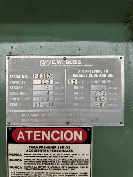 110 TON BLISS C-110 OBI PRESS. STOCK # 0789624.