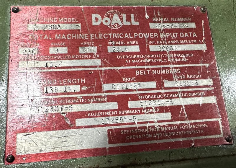10" x 12" Doall Horizontal Band Saw C-260A, Auto. Feed, 1-1/4" Blade, 60-350 FPM, 5 HP