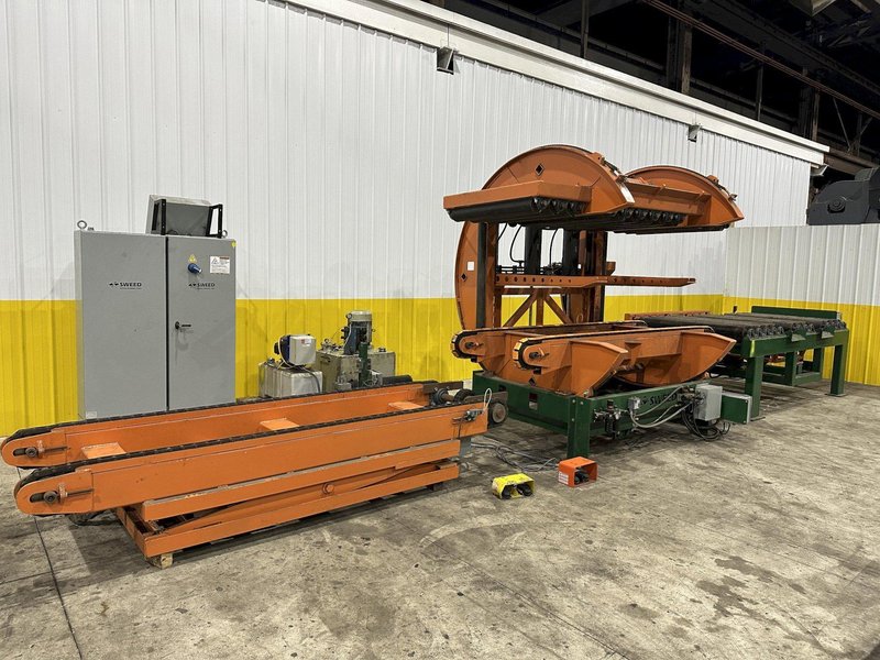 SWEED LOAD CLAMP &amp; TURNER / PACMAN FLIPPER SYSTEM WITH POWERED INFEED &amp; OUTFEED CONVEYORS: STOCK #22075