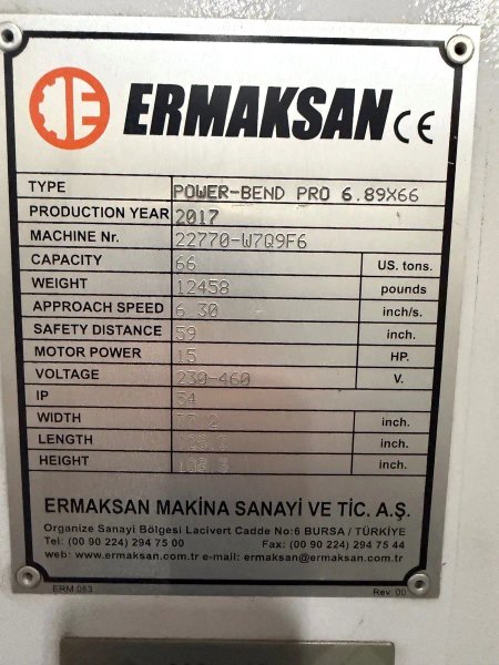 USED ERMAK POWER BEND PRO 83" X 66 TON HYDRAULIC 3 AXIS CNC PRESS BRAKE