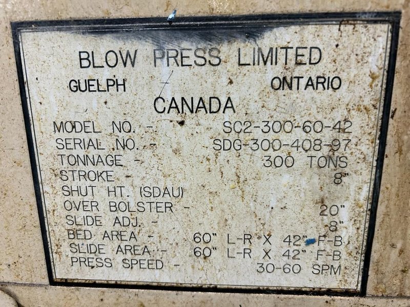 300-ton Blow SC2-300-60-42 Straight Side Mechanical Press For Sale, Year 1997