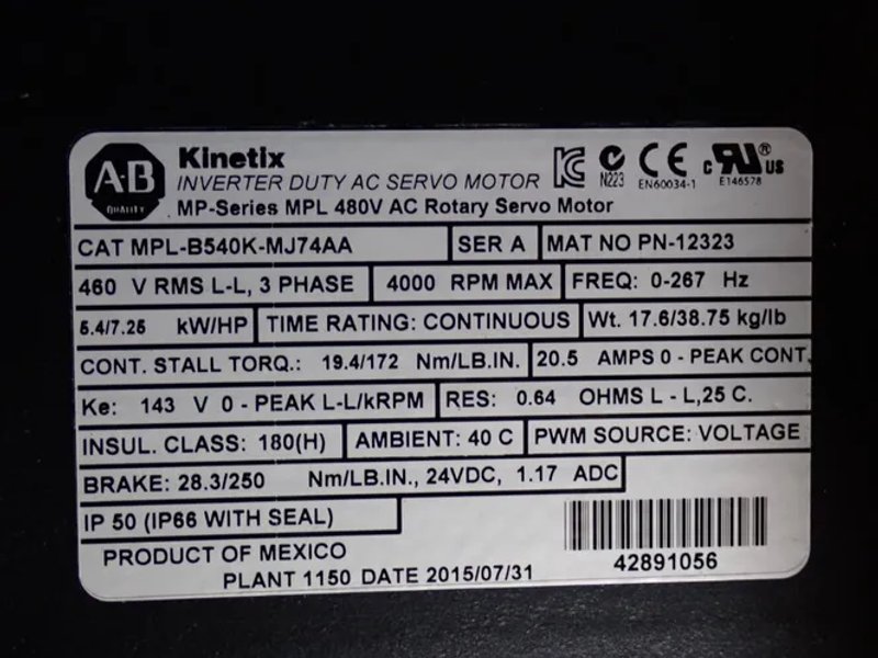 Allen-bradley 4000 Rpm Servo Motor - Mpl-b540k-mj74aa
