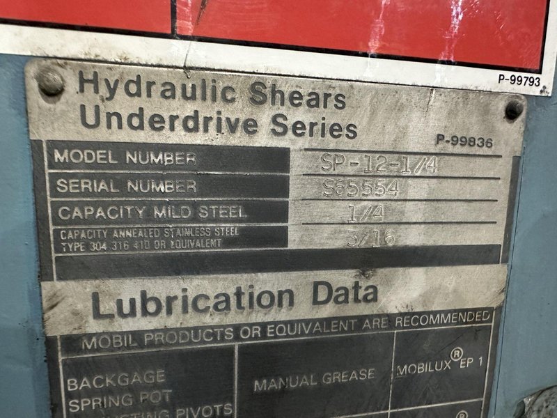 12' X 1/4" NIAGARA MODEL #SP-12-1/4 HYDRAULIC SHEAR: STOCK #22385