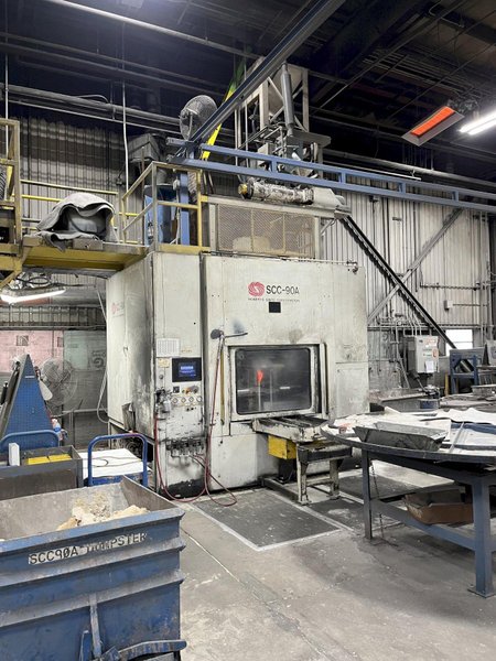 2007 Sinto model scc-90-a vertically parted cold box core cell s/n scc-0011-00 with recieving hopper, scc90 core machine with enclosure and controls