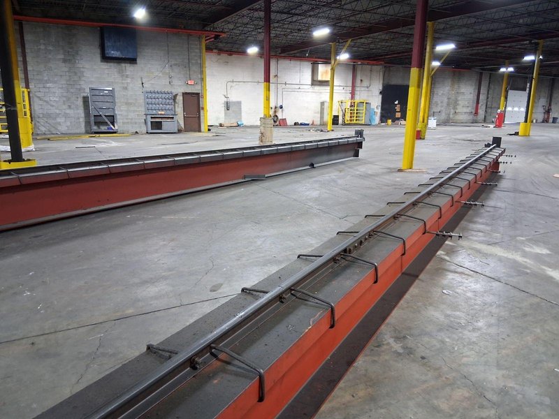 10 TON X 36' X 50' SCHUETTE BRIDGE CRANE W/ (2) 5 TON WRIGHT HOISTS: STOCK #22711