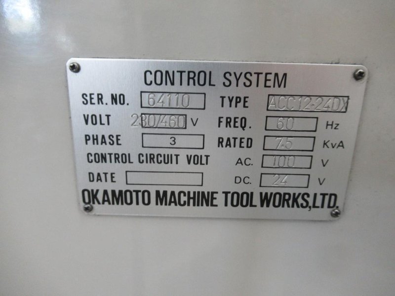 Okamoto ACC 12.24DX 3-Axis Hydraulic Surface Grinder with Incremental Down Feed, Heidenhain DRO for Cross Feed, 12"x24" Chuck, Coolant System with Paper Filtration- Auction Item