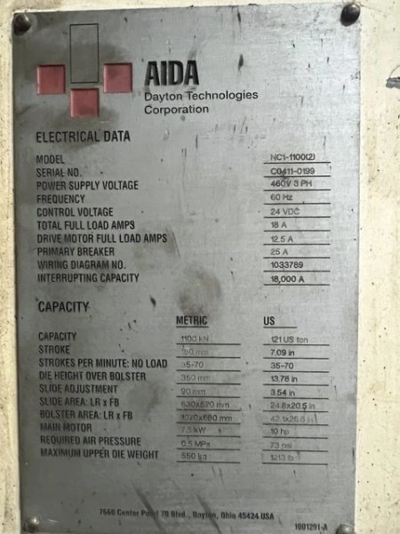 AIDA 121 TON SINGLE CRANK GAP FRAME PRESS, S/N CO411-0199, STOCK# 14220J