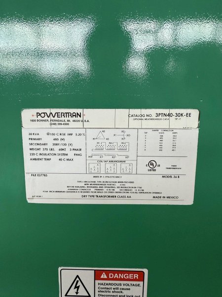 30 KVA POWERTRAN 36B TRANSFORMER. STOCK #0777025