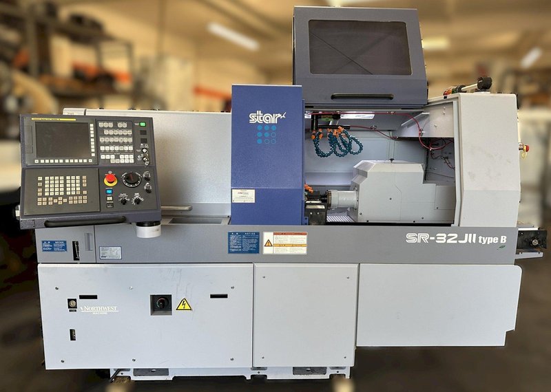 STAR SR-32JII Type B Swiss CNC Lathe 2019 w/ Turning Tool with 6 Stations, Back Side facing Operator 5 Stations Live, Back Side Sub Spindle Tools 8 Stations (4 /4 stacked on top of each other all live) (The Y Axis), Parts Conveyor, LNS Alpha 538 Magazine Bar Loader, Fire Suppression System. Ran oil.