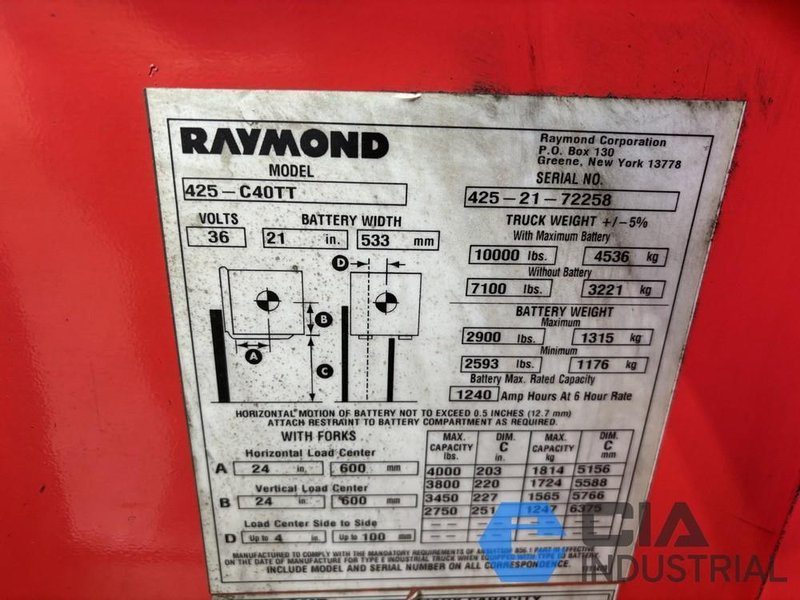 2021 - 4,000 LB. RAYMOND MODEL 425-C40TT STAND-UP ELECTRIC FORKLIFT