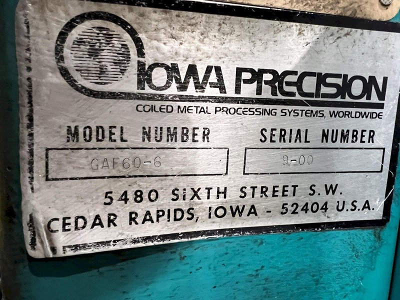 60" x 16 GAUGE IOWA PRECISION MODEL #GAF60-6 COIL SLEAR (SLITTING &amp; CUT-TO-LENGTH) LINE, WITH UNCOILERS &amp; SIDE PUNCHING / NOTCHING: YOBRO #24552