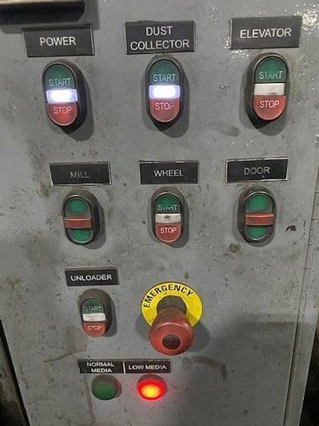 2012 DeLong 7 super rubber belt tumblast machine rated at 7 cu ft capacity, 20hp direct drive shot wheel, very good condition
