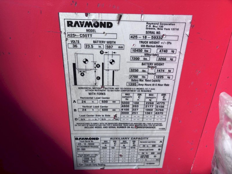 2018 - 5,000 LB. RAYMOND MODEL 425-C50TT STAND-UP ELECTRIC FORKLIFT