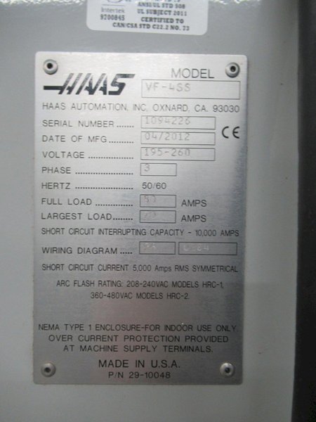 Haas VF-4SS CNC Vertical Machining Center, 50"x20"x25", 12K Spindle, 4th-Axis Drive, Chip Auger, LOW HOURS!