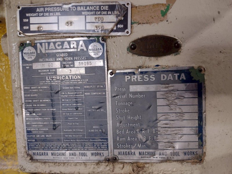 60 TON NIAGARA MODEL #M60 OBI STAMPING PRESS, 4" STROKE: STOCK #19179