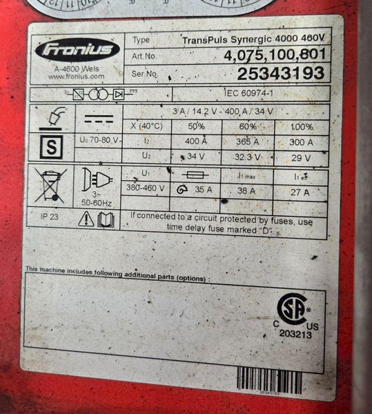 FRONIUS TRANSPULS SYNERGIC 4000 TPS/MW5000 4075100801WELDER  USED