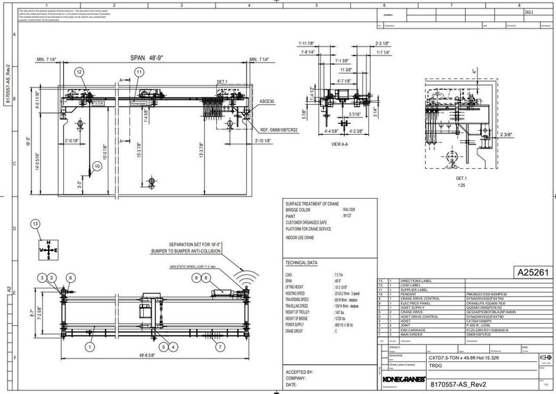 7.5 TON x 48'-9'' x KONE CRANES FREE STANDING CRANE SYSTEM, COMPLETE WITH 140' RUNWAY BEAMS AND UPRIGHTS: YOBRO #24534