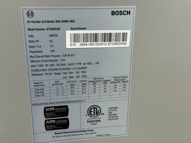 Bosch Air Handler Unit - Bva – 24wn1 – M20