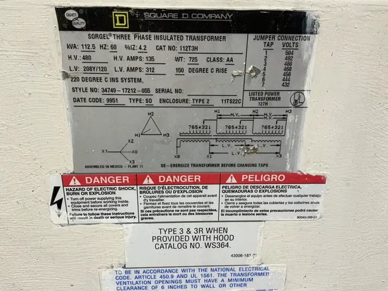 Square D 112.5 Kva Transformer - 112t3h
