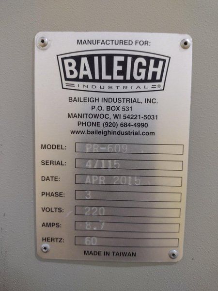 80" X 9 GAUGE BAILEIGH PR-609 HYDRAULIC PLATE BENDING ROLL NEW 2015: YOBRO #24450