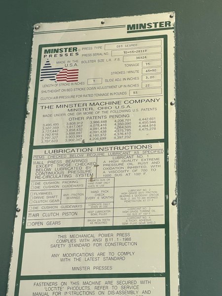 75 ton Minster Press Model #7D-SS - Used OBS Geared Press For Sale, REBUILT 2023!