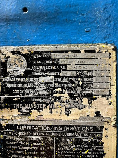 600-TON MINSTER E2–600 STRAIGHT-SIDE PRESS. STOCK # 0777225