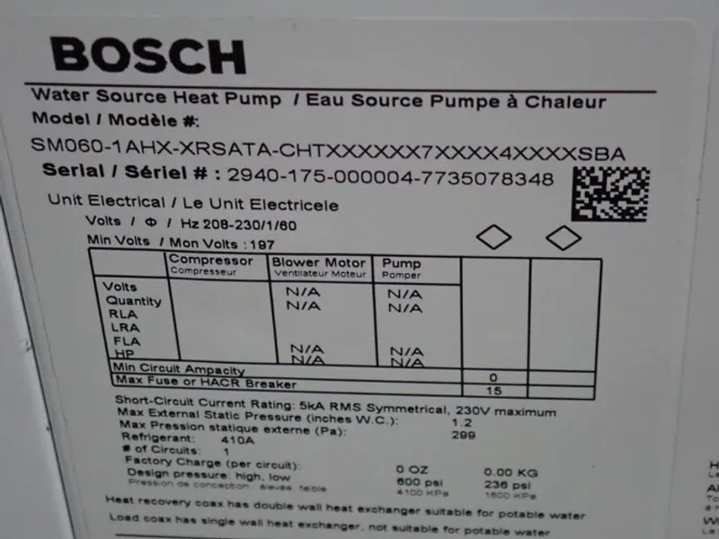 Bosch Water Source Heat Pump - Sm060-1ahx-xrsata-chtx