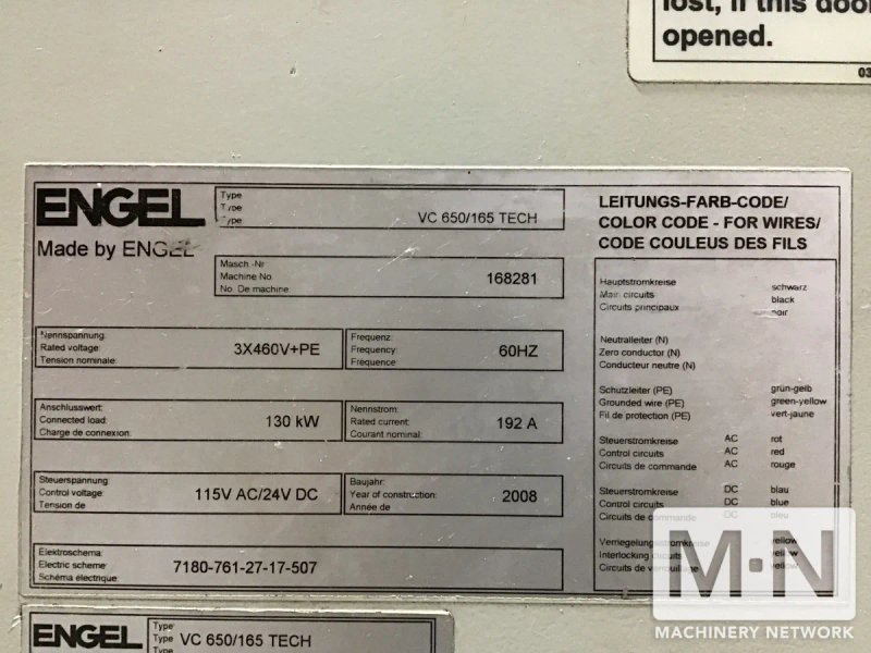165 TON 8.2 OZ ENGEL MODEL VC650/165 TECH INJECTION MOLDING MACHINE MFG 2008