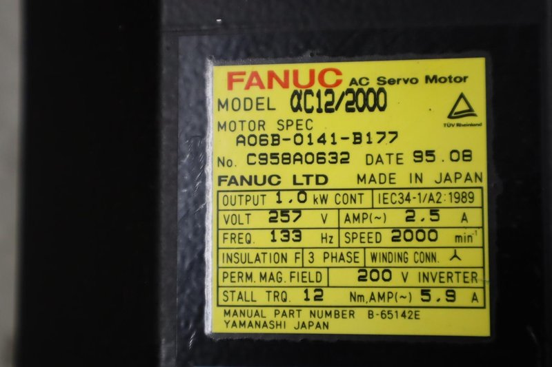 Used Fanuc AC12/2000 Servo Motor; 1.0 kW A06B-0141-B177