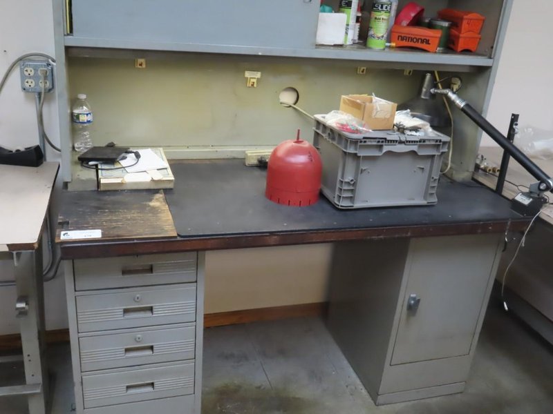Metal Work Desk with Drawers w Sliding Door and Contents w Light- Auction Item