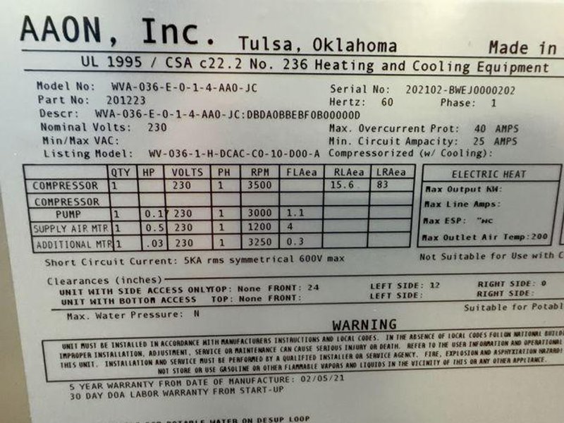 Aaon Dandelion Heat Pump - Wva-036-e-0-1-4-aa0-jc