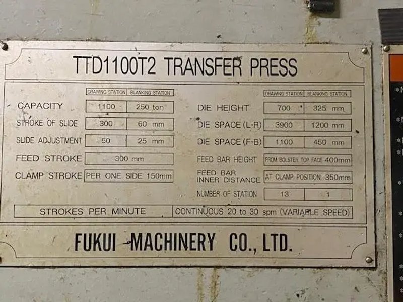 USED FUKUI 1,100 TON STRAIGHT SIDE TRANSFER PRESS MODEL TTD1100T2, Year: 1996