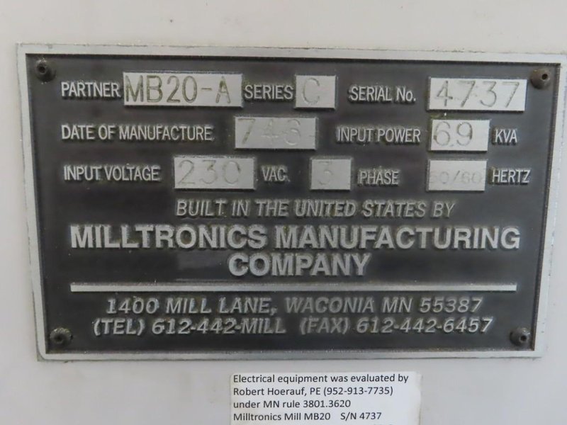 Milltronics MB20-A CNC Vertical Machining Center, Centurion 6 CNC Control, 40"x20"x24" Travels, 40 Taper- Auction Item