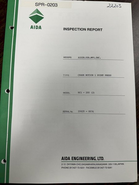 220 TON AIDA MODEL #NC1-200(2) GAP FRAME PRESS, WITH 9.84" STROKE: STOCK #22203
