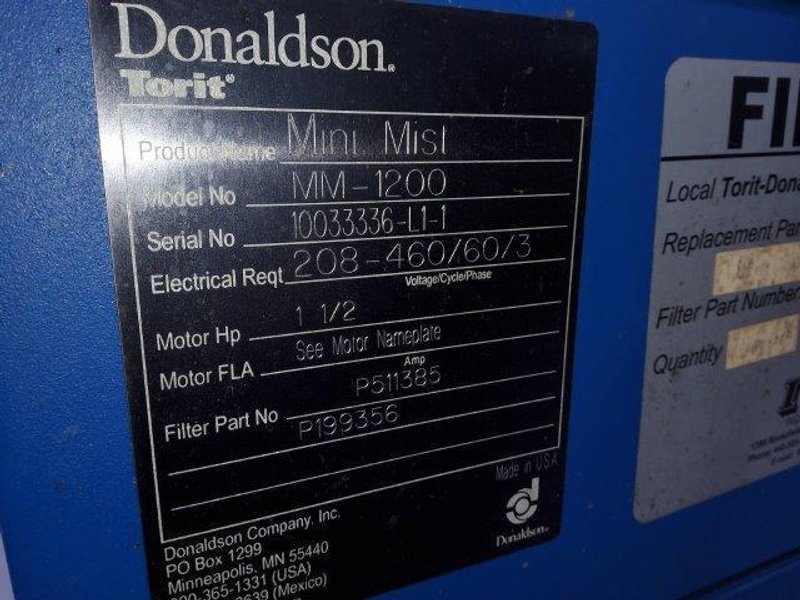 1,200 CFM DONALDSON TORIT MODEL #MM-1200 MINI-MIST COLLECTOR: YOBRO #26472