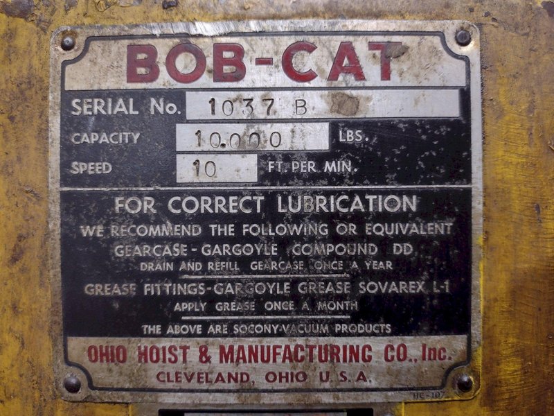 5 TON 10,000 LBS BOBCAT POWER CABLE HOIST WITH TROLLEY: STOCK #18937