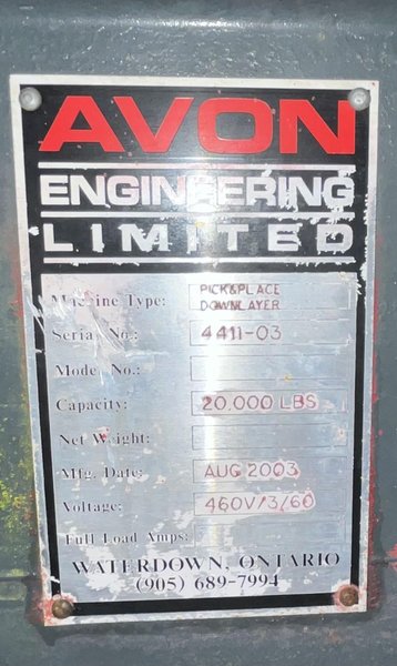 20,000# X 72" AVON ENGINEERING PICK &amp; PLACE DOWN LAYER STOCK# 3985