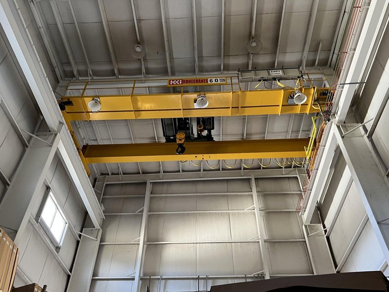 60 TON (10T AUX) x 36' KONE 8-WHEEL DOUBLE GIRDER OVERHEAD BRIDGE CRANE: STOCK #18375