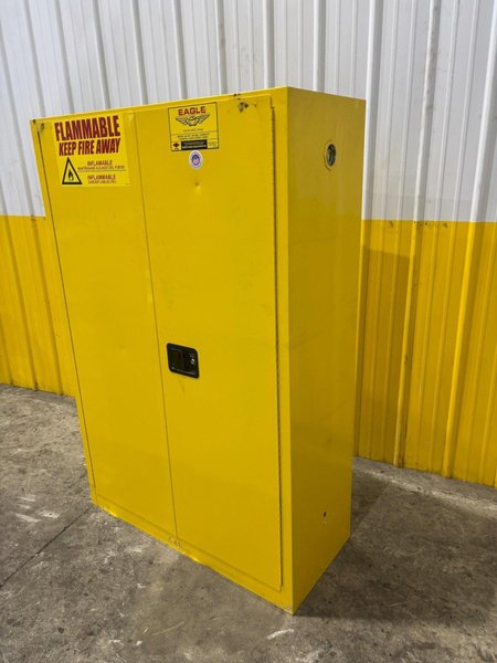 45 GALLON X 2 DOOR EAGLE FLAMMABLE MATERIALS MODEL #4510X STORAGE CABINET, 43” X 18” X 65” HIGH: YOBRO  #24507