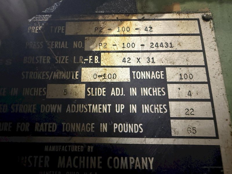 100 TON MINSTER P2-100-42 PIECE MAKER STRAIGHT SIDE SSDC HIGH SPEED PRESS 6" STROKE: YOBRO #23916