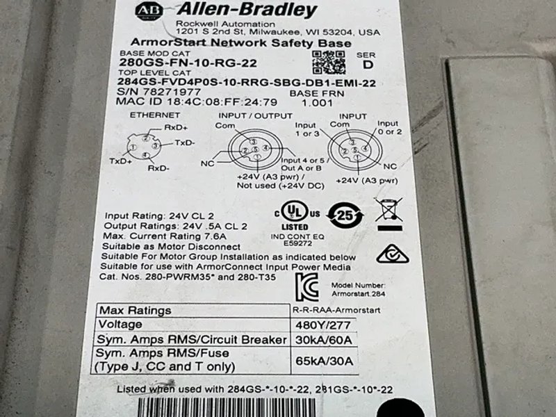 Allen-bradley Armorstart Safety Control Module - 284gs-fvd4p0s-10-rrg-sbg-db1-emi-22