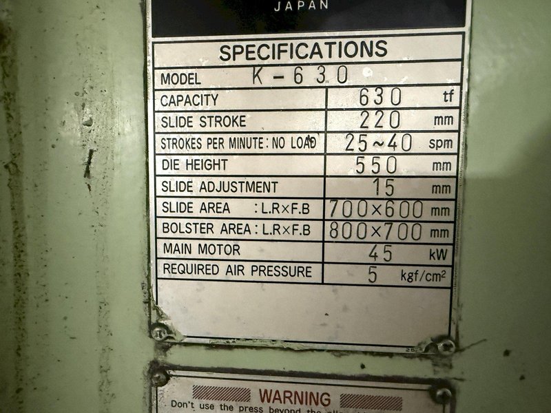 630 TON AIDA MODEL #K-630 KNUCKLE JOINT PRESS, 25-40 SPM, NEW 1991: YOBRO #25820