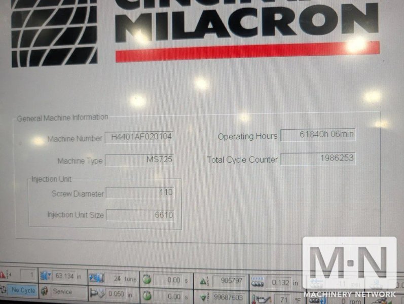 725 TON 140 OZ CINCINNATI MILACRON MODEL MS725 INJECTION MOLDING MACHINE MFG 2015 (2) AVAILABLE