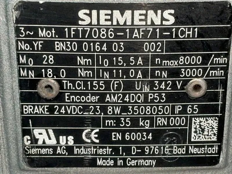 Siemens 8000rpm Servo Motor - 1ft7086-1af71-1ch1