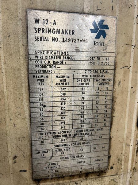 .148" X 2.75" TORRINGTON MODEL #W12A WIRE SPRING COILER / COIL MAKING MACHINE: STOCK #18806