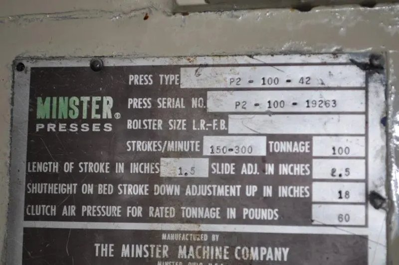MINSTER 100 TON SSDC PRESS, STOCK# 13611J