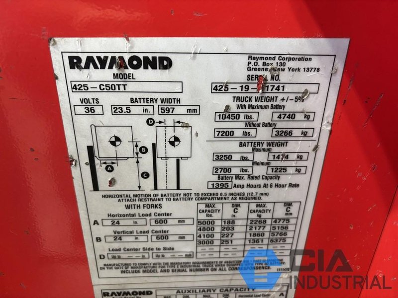 2019 - 5,000 LB. RAYMOND MODEL 425-C50TT STAND-UP ELECTRIC FORKLIFT