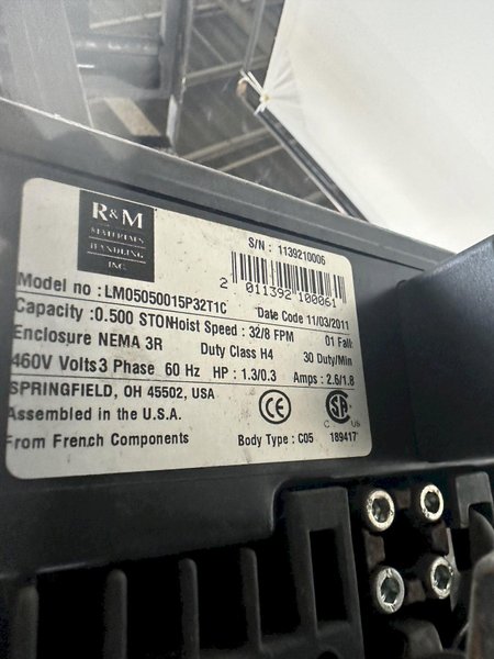 1/2 TON R&amp;M LOADMATE POWERED CHAIN FALL HOIST. STOCK # 1157422
