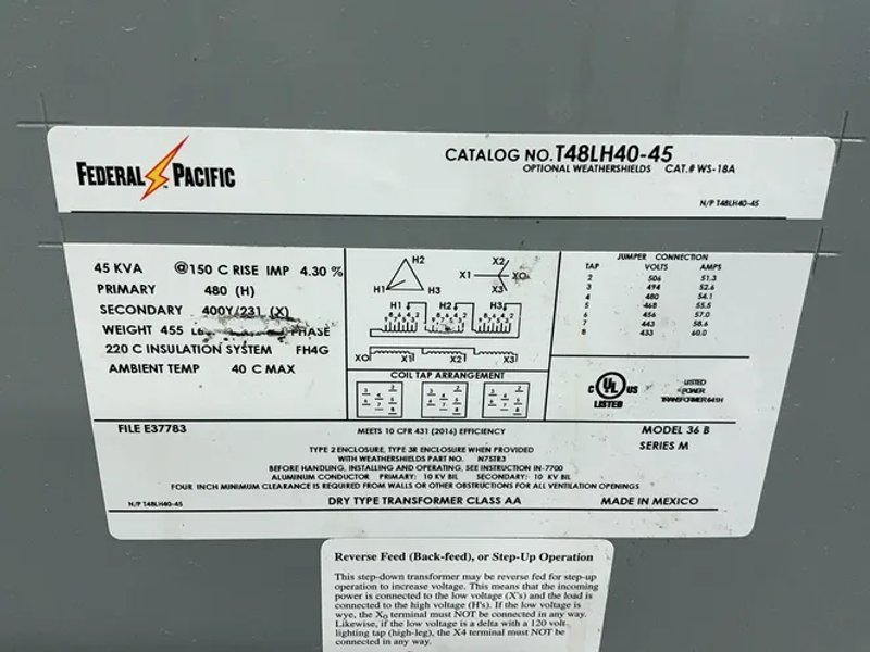 Federal Pacific 45 Kva Transformer - T48lh40-45